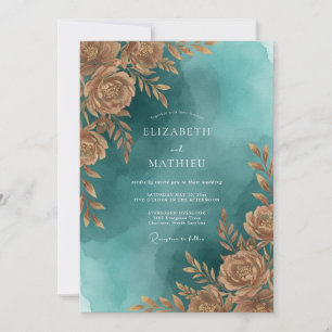 Teal Gold Foliage Sage Wedding Invitation