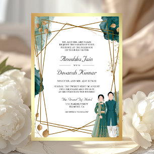Teal Gold Geometric Indian Couple Wedding Invitation