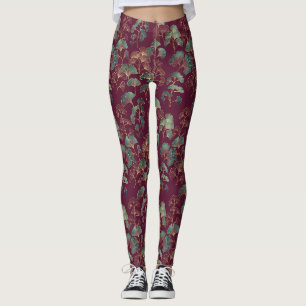 Teal & Gold Ginkgo Leaves on Burgundy Leggings