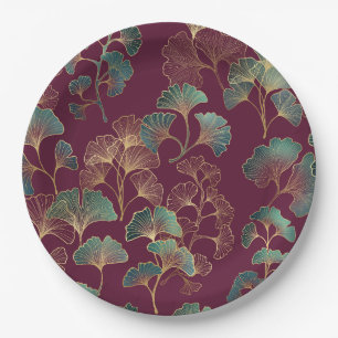 Teal & Gold Ginkgo Leaves on Burgundy Paper Plate