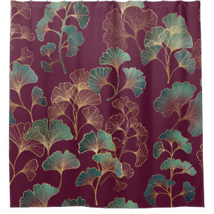 Teal & Gold Ginkgo Leaves on Burgundy Shower Curtain