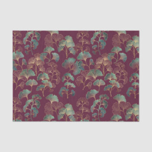 Teal & Gold Ginkgo Leaves on Burgundy Tissue Paper