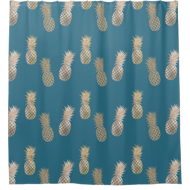 Teal Gold Glam Pineapples Shower Curtain (Front)