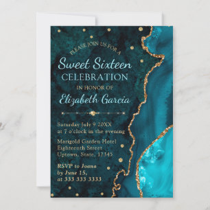 Teal & Gold Glitter Agate and marble Sweet 16 Invitation