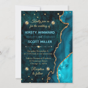Teal & Gold Glitter Agate and marble Wedding Invitation