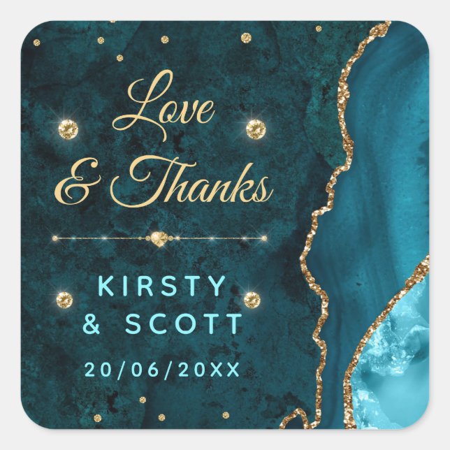 Teal & Gold Glitter Agate and marble Wedding Square Sticker (Front)