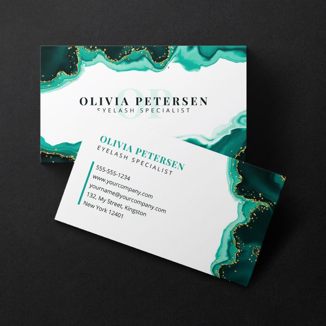 Teal Gold Glitter Agate Eye Lashes Initial Logo Business Card (Creator Uploaded)
