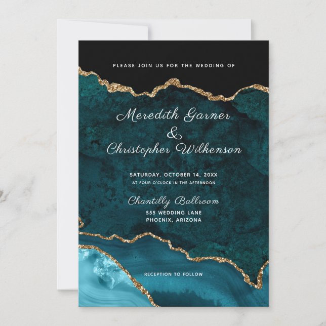 Teal Gold Glitter Agate Geode Wedding Invitation (Front)