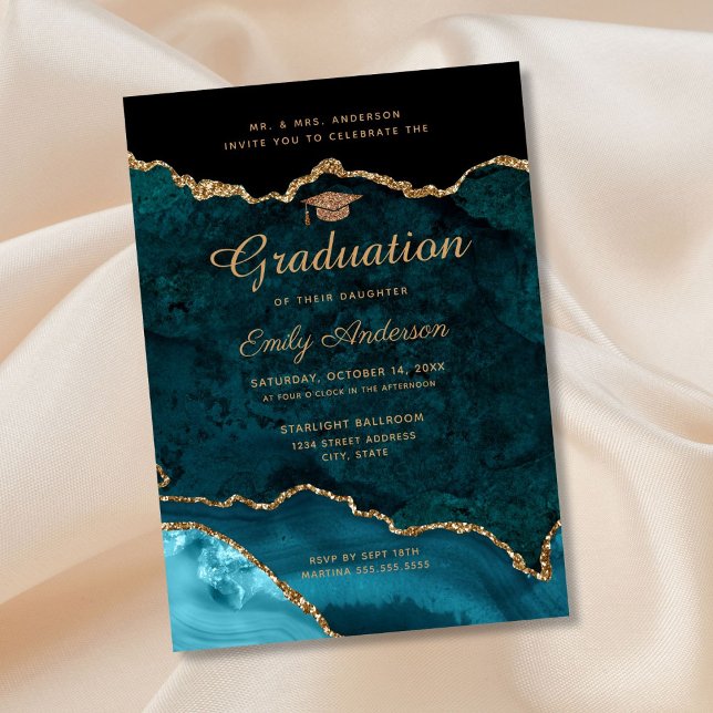 Teal Gold Glitter Agate Graduation Invitation (Creator Uploaded)