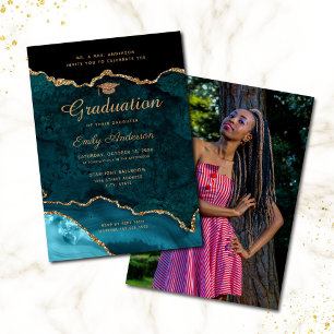 Teal Gold Glitter Agate Photo Graduation Invitation