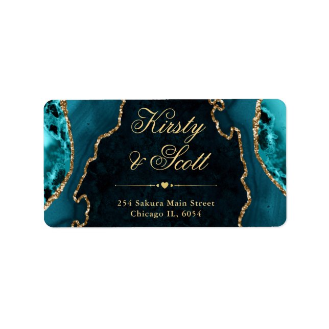Teal & Gold Glitter Agate Wedding address label (Front)
