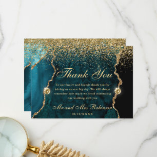 Teal Gold Glitter Agate Wedding Thank You Card
