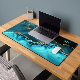 Teal & Gold Glitter Agate With Teal Monogram Desk Mat
