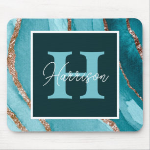 Teal &Gold Glitter Alcohol Ink Monogram and Name Mouse Pad