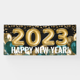 Teal Gold Glitter Balloons 2023 Happy New Year Banner