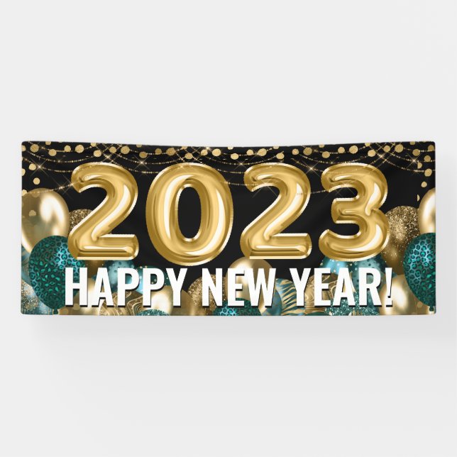 Teal Gold Glitter Balloons 2023 Happy New Year Banner (Horizontal)