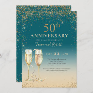 Teal Gold Glitter Champagne 50th Anniversary Invitation