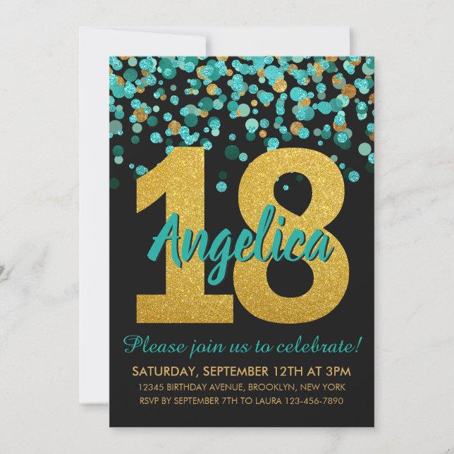 Teal Gold Glitter Confetti Black 18th Birthday Invitation (Front)