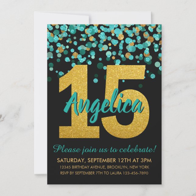 Teal Gold Glitter Confetti Quinceañera 15 Birthday Invitation (Front)