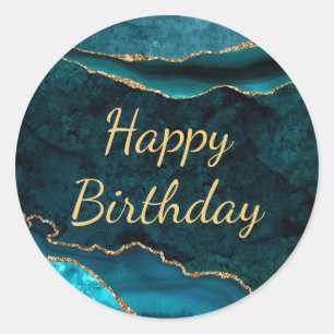 Teal & Gold Glitter Marble Agate Birthday Classic Round Sticker