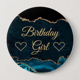 Teal & Gold Glitter Marble Agate Birthday Girl  10 Cm Round Badge
