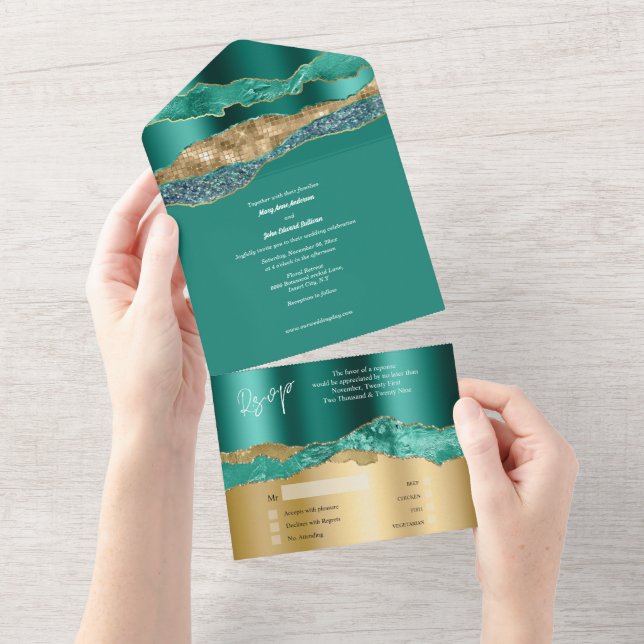 Teal gold glitter marble agate elegant wedding all in one invitation (Tearaway)