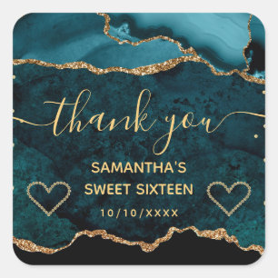 Teal & Gold Glitter Marble Agate Sweet 16 Square Sticker