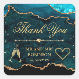 Teal & Gold Glitter Marble Agate Wedding Square Sticker