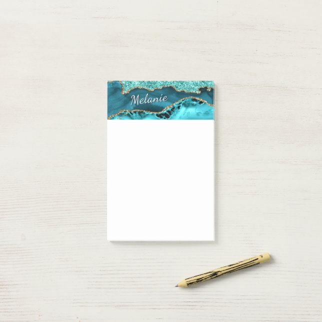 Teal Gold Glitter Post-it® Notes Personalized Name (On Desk)
