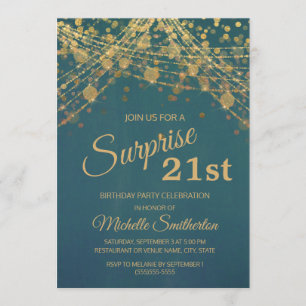 Teal Gold Glitter String Lights 21st Birthday Invitation