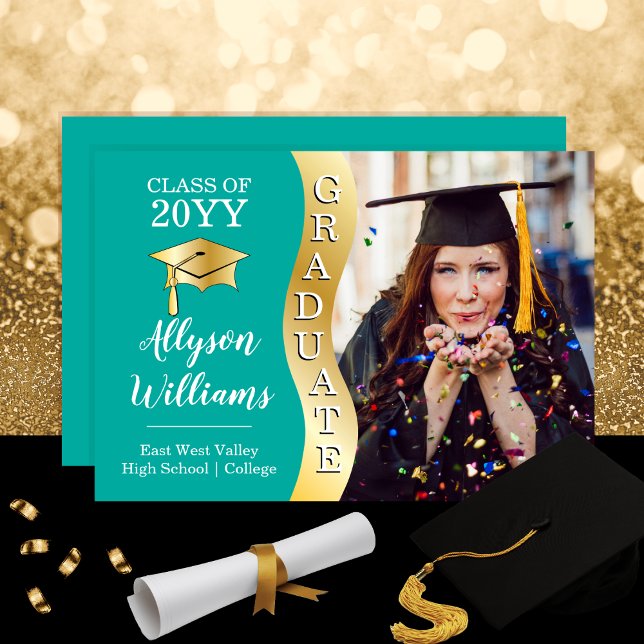 Teal | Gold Graduate Wave Grad Cap Photo Announcement (Teal and Gold Tone "Graduate" Wave Grad Cap One Photo Graduation Announcement)