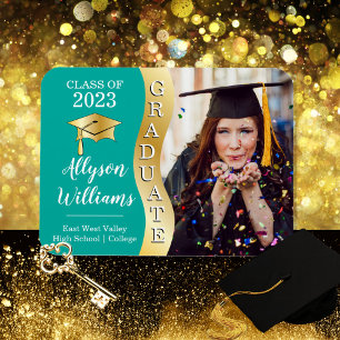 Teal   Gold Graduate Wave Grad Cap Photo Magnet