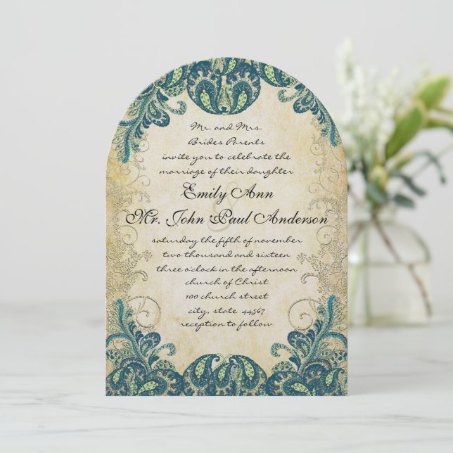 Teal Gold Green Blue Peacock Wedding Invitations (Standing Front)