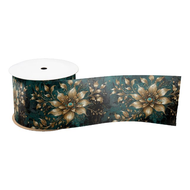 Teal & Gold Grunge Florals Satin Ribbon (Spool)