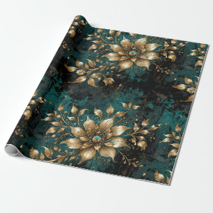 Teal & Gold Grunge Florals Wrapping Paper