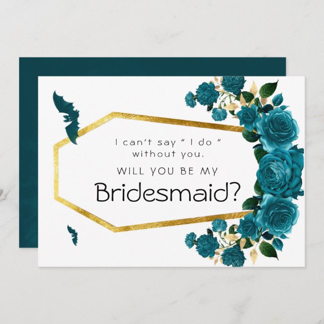 Teal Gold Halloween Will You Be My Bridesmaid Invitation (Front/Back)