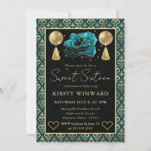 Teal & Gold Heart Damask & Rose Sweet 16 Invitation