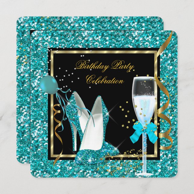 Teal Gold High Heels Glitter Birthday Black Invitation (Front/Back)