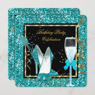 Teal Gold High Heels Glitter Birthday Black Invitation