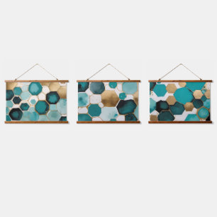 Teal & Gold Honeycomb Grunge Watercolor Hanging Tapestry