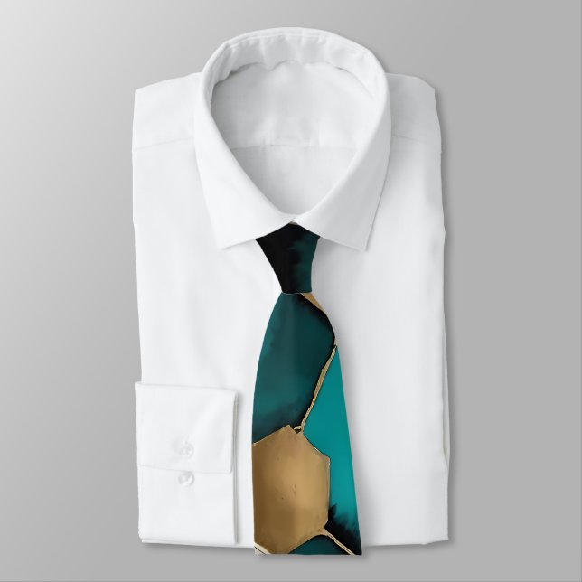 Teal & Gold Honeycomb Grunge Watercolor Tie (Tied)