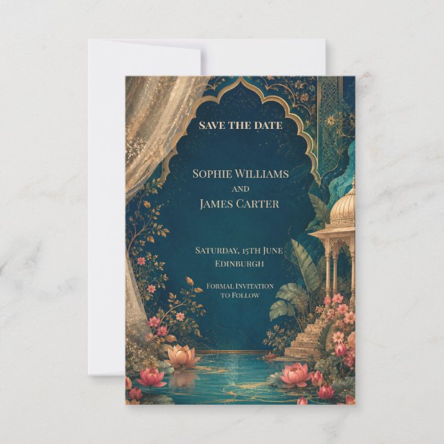 Teal Gold Indian Palace Lotus Save The Date (Front)