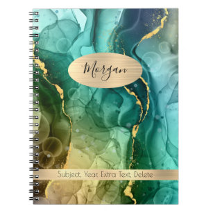 Teal & Gold Ink Abstract, Name/Subject Notebook