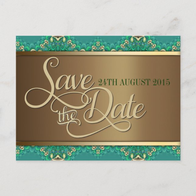 Teal Gold Lace Border Save the Date Postcard (Front)