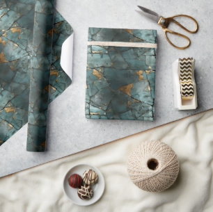 Teal & Gold Leaf Distressed Patina Pattern Design Wrapping Paper