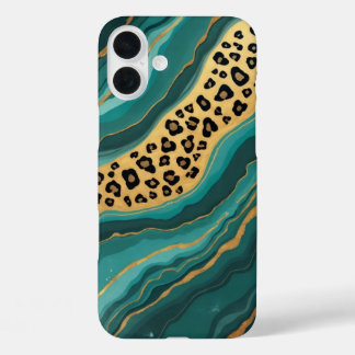 Teal & Gold Leopard Agate iPhone 16 Plus Case