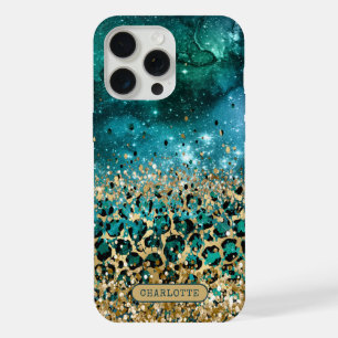 Teal Gold Leopard Print Galaxy Personalised Name iPhone 15 Pro Max Case