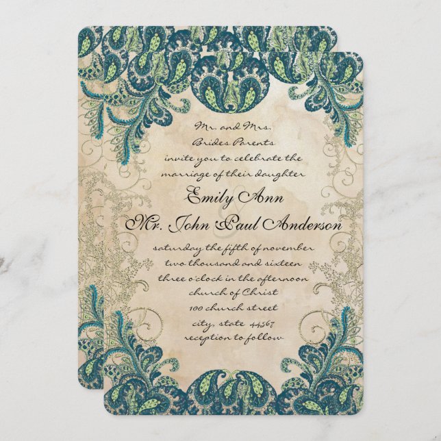 Teal Gold & Lime Peacock Wedding Invitations (Front/Back)