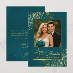 Teal & Gold Love & Thanks Photo & Note Wedding Thank You Card