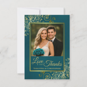 Teal & Gold Love & Thanks Photo & Note Wedding Thank You Card